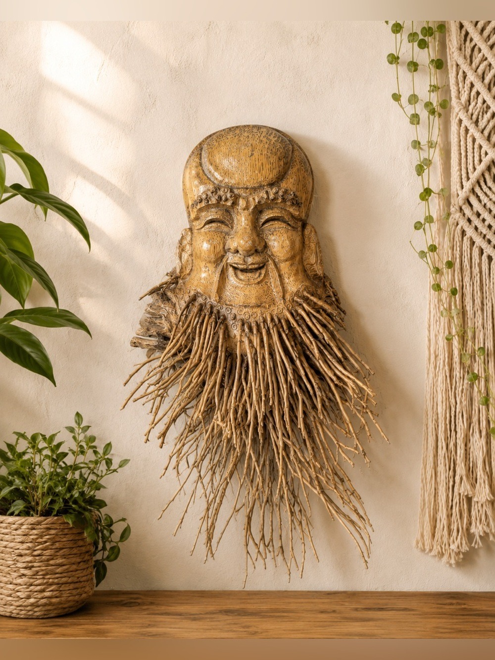 Vintage Hand-Carved Bamboo Root Laughing Buddha Wall Mask • Vietnam Folk Art